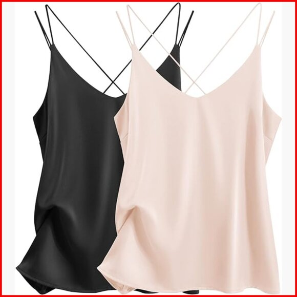 Satin Camisole Tank Top 2-Pack V Neck Cross Back Spaghetti Strap Sleeveless